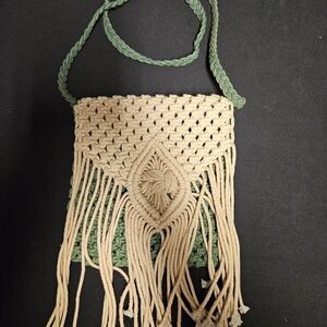 Cost Plus World Market Beige and Green Macrame Crossbody Bag